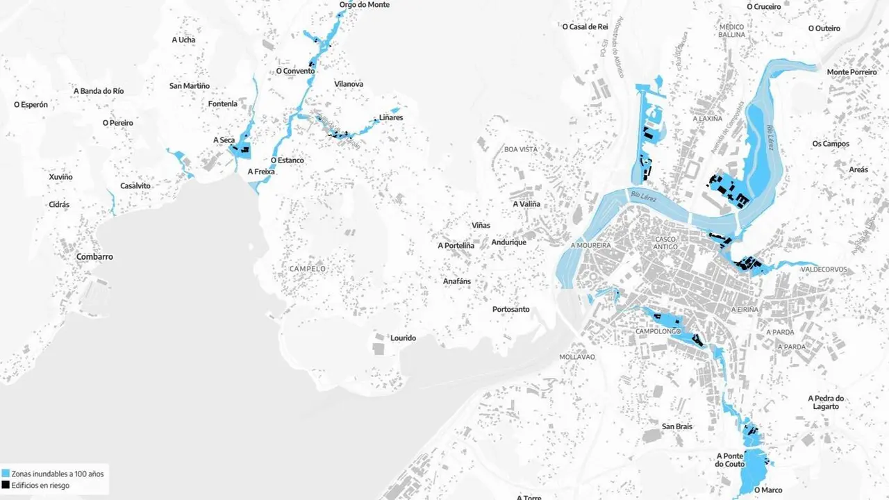 Mapa con las zonas inundables del entorno de Pontevedra elaborado por eldiario.es