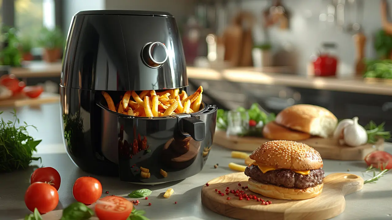 Detailed, photorealistic still life of an air fryer with crispy French fries and burgers, set on a modern kitchen counter. The background features a bright, stylish kitchen with tasteful decor and perfect lighting, ensuring a high-end, clean, and high-quality appearance --ar 3:2 --style raw --stylize 600 Job ID: 55eee5ed-978e-4363-8f08-1da2af8fb992