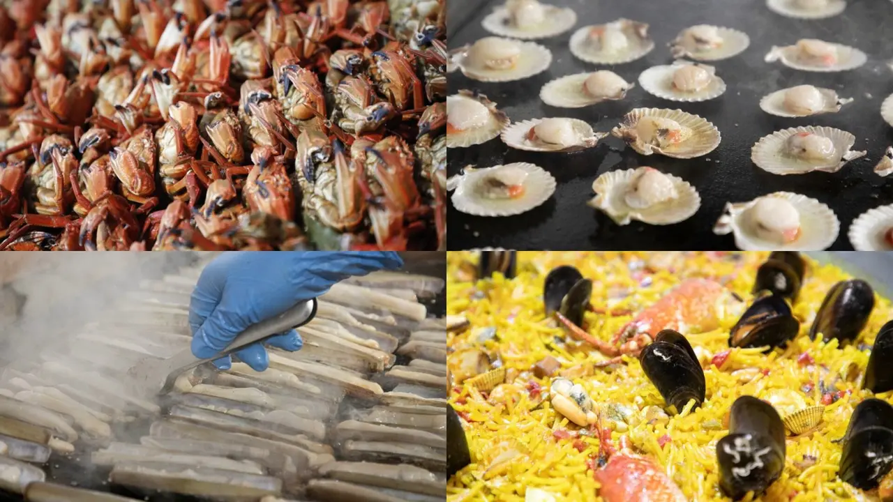 Nécoras, zamburiñas, navajas y arroz con marisco en la Festa do Marisco de O Grove. JL OUBIÑA