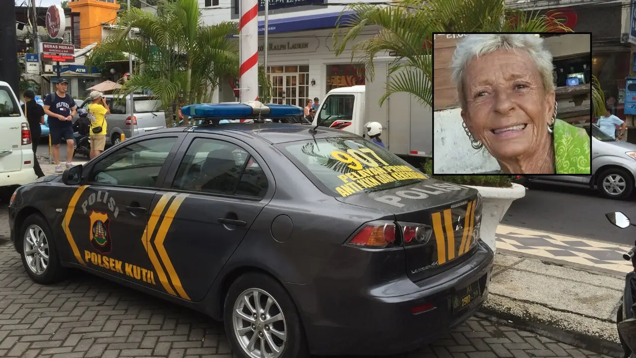 El rostro de María Matilde Muñoz sobreimpresionado sobre una imagen de un coche de Policía de Indonesia. OMINAE