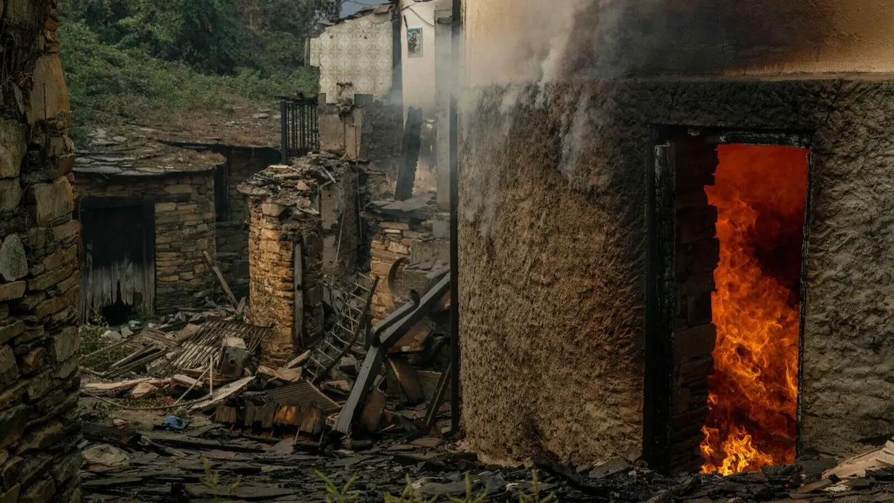 Casas ardendo en San Vicente este luns, en Vilamartín de Valdeorras (Ourense). EFE/BRAIS LORENZO