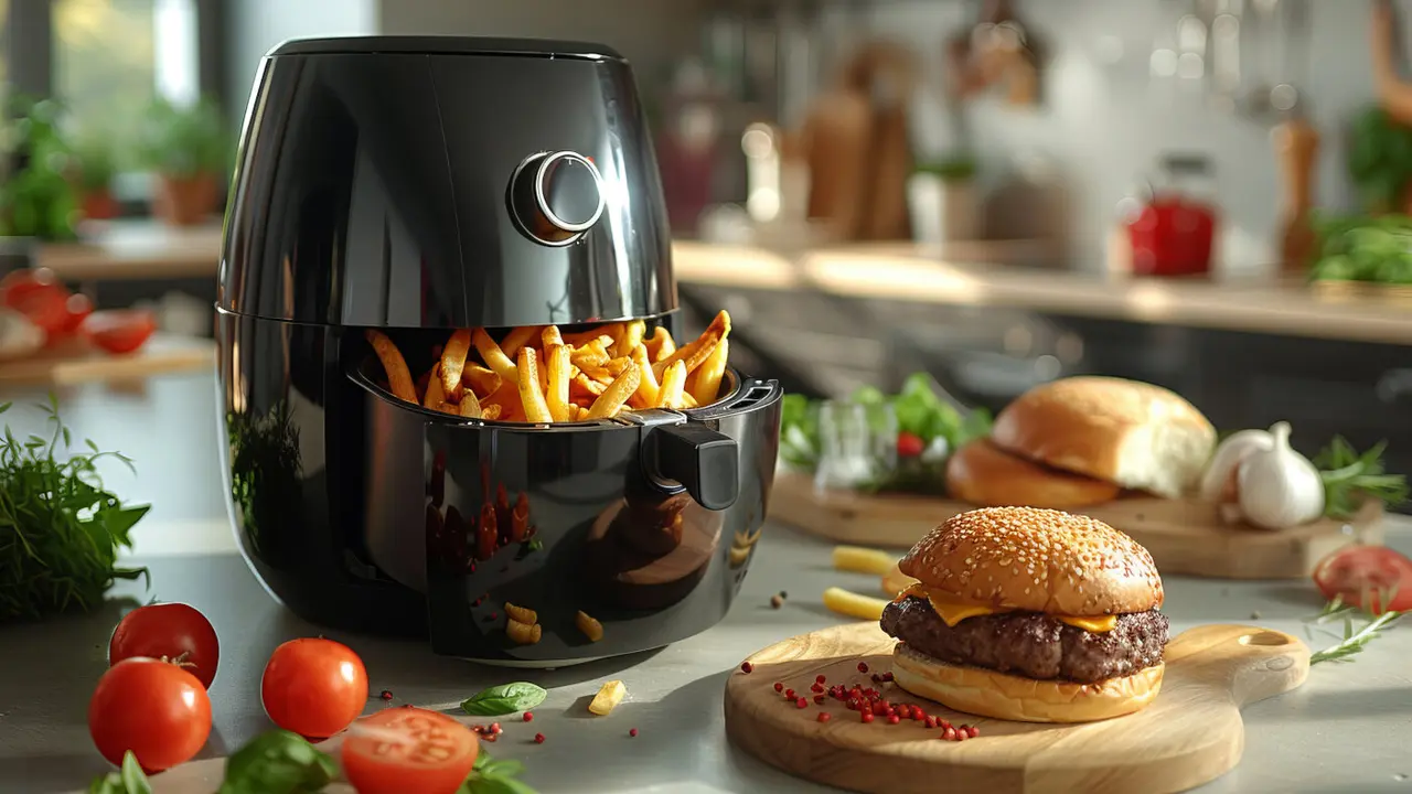 Detailed, photorealistic still life of an air fryer with crispy French fries and burgers, set on a modern kitchen counter. The background features a bright, stylish kitchen with tasteful decor and perfect lighting, ensuring a high-end, clean, and high-quality appearance --ar 3:2 --style raw --stylize 600 Job ID: 55eee5ed-978e-4363-8f08-1da2af8fb992