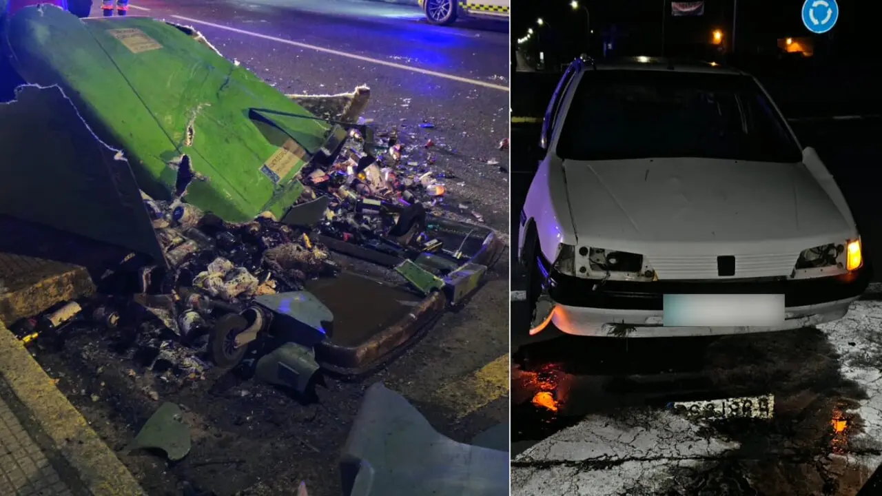 Vidrio esparcido por la vía en Cuntis y el coche accidentado en Caldas. DP