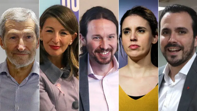 Julio Rodríguez, Yolanda Díaz, Pablo Iglesias, Irene Montero y Alberto Garzón. EFE